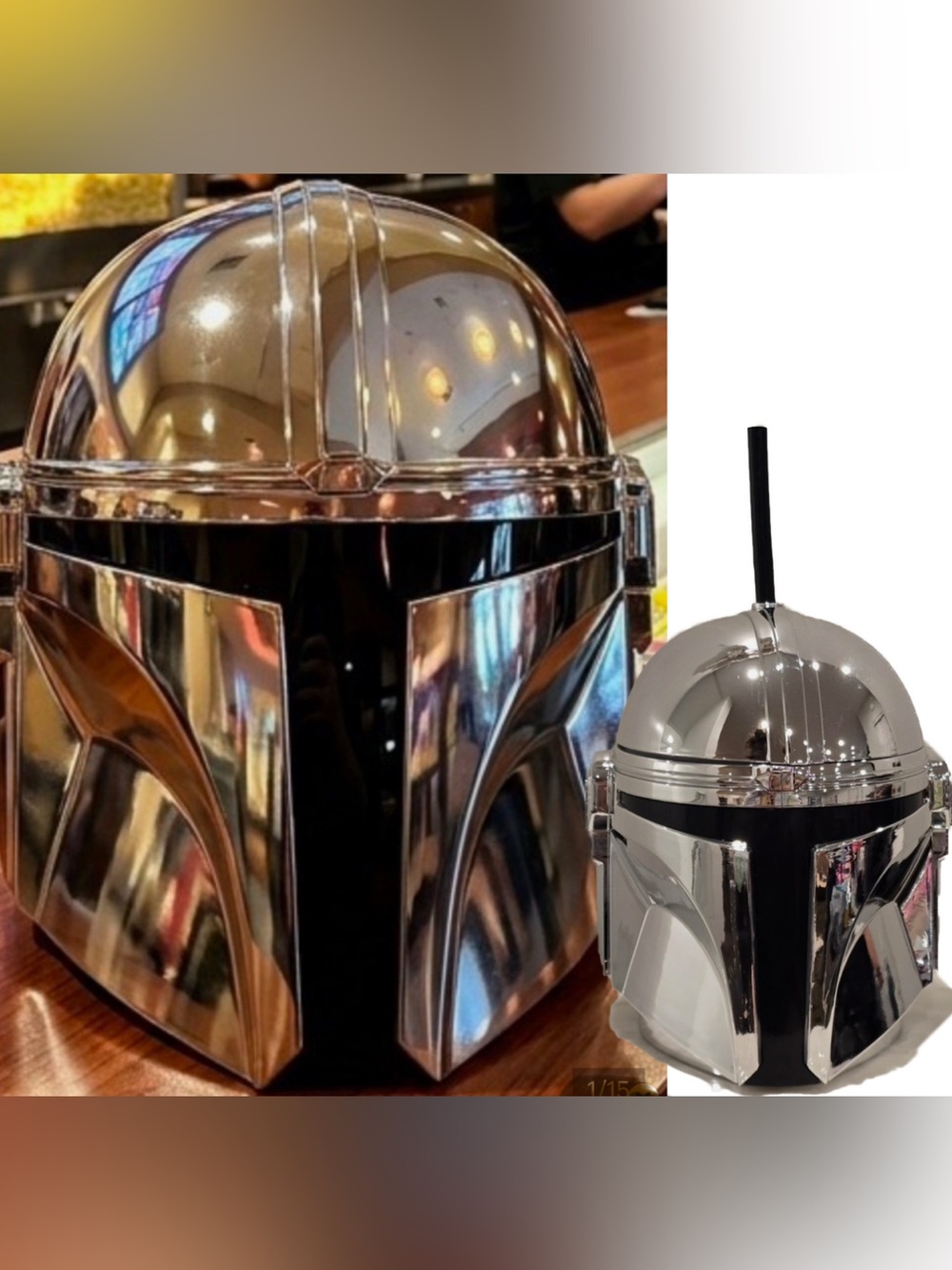 Chrome Mandalorian-Style Helmet POPCORN Bucket & SW Helmet Cup Cinemark both NWT